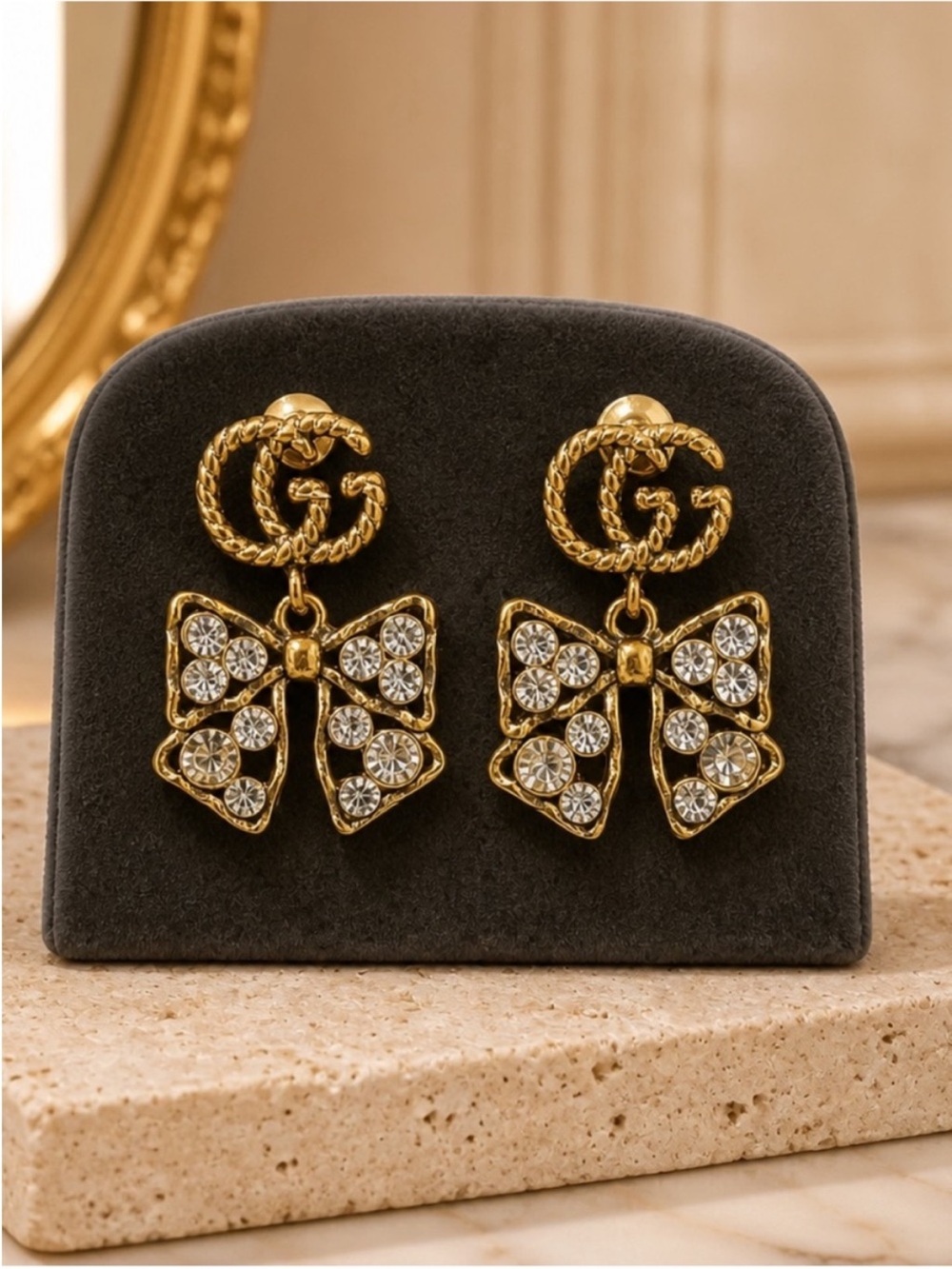 GG Gold Bow Crystal Drop Earrings - Designer-Inspired Women Jewelry
